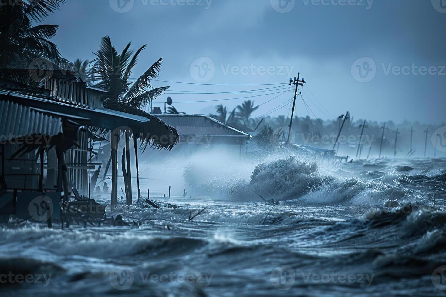 Scary tsunami with huge foamy wave, apocalyptic dramatic background photo