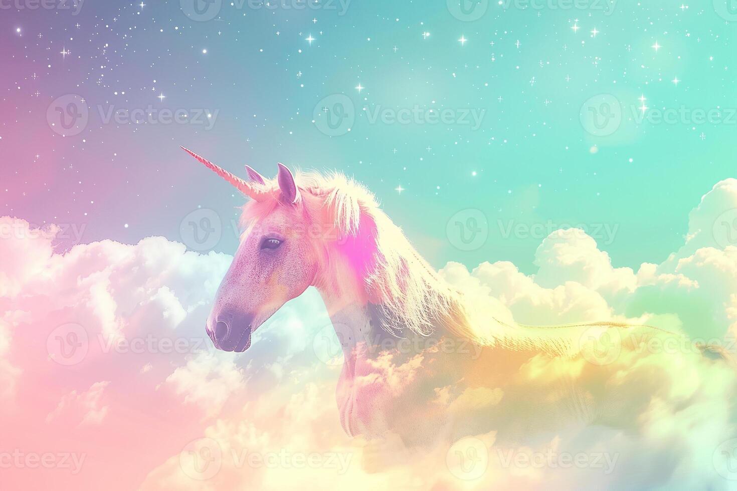 Fantasy unicorn in beautiful sky with bright rainbow and fluffy clouds photo