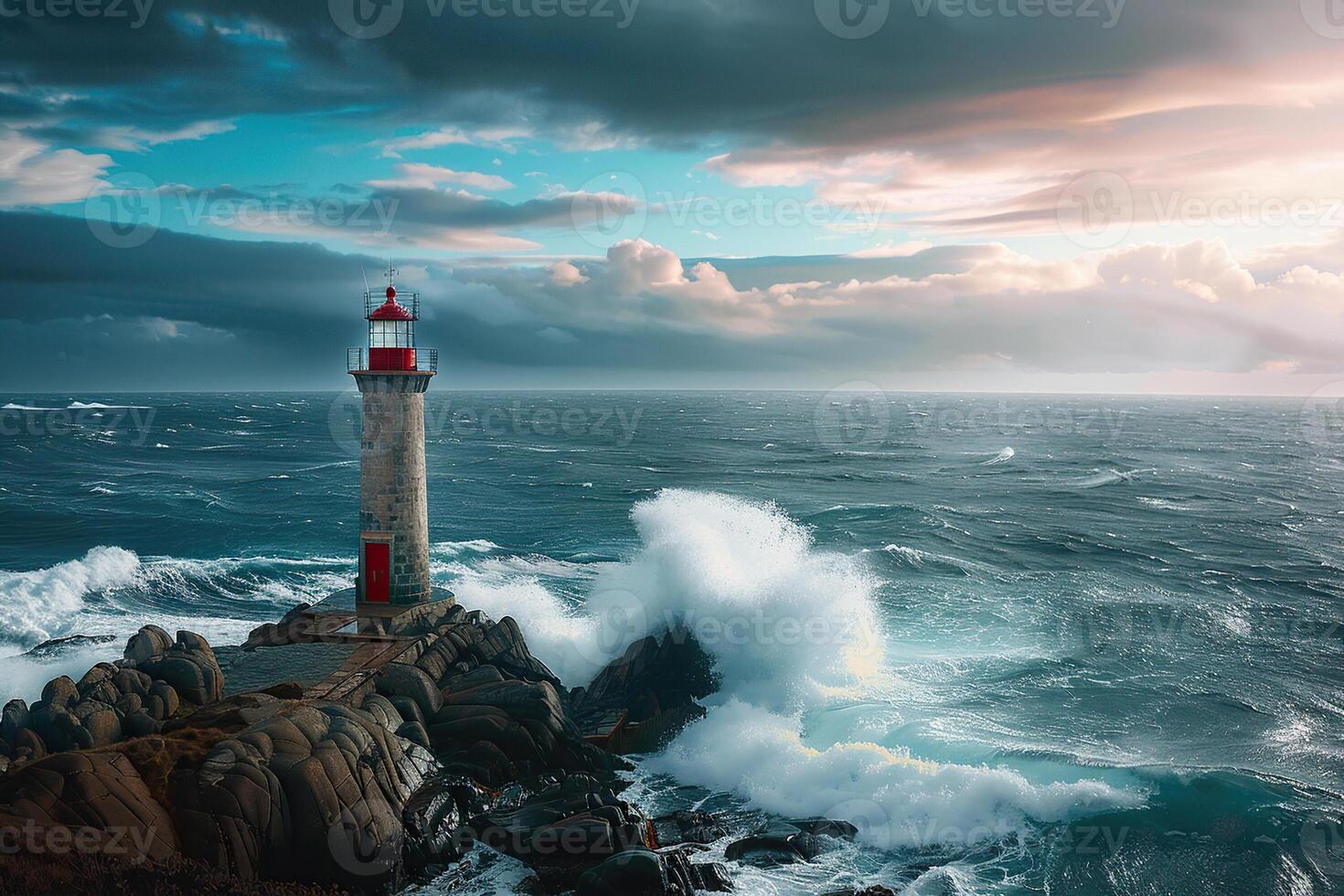 Large retro lighthouse with beam of bright light shining out to blue sea photo