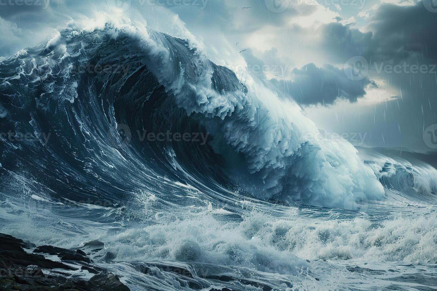 Scary tsunami with huge foamy wave, apocalyptic dramatic background photo