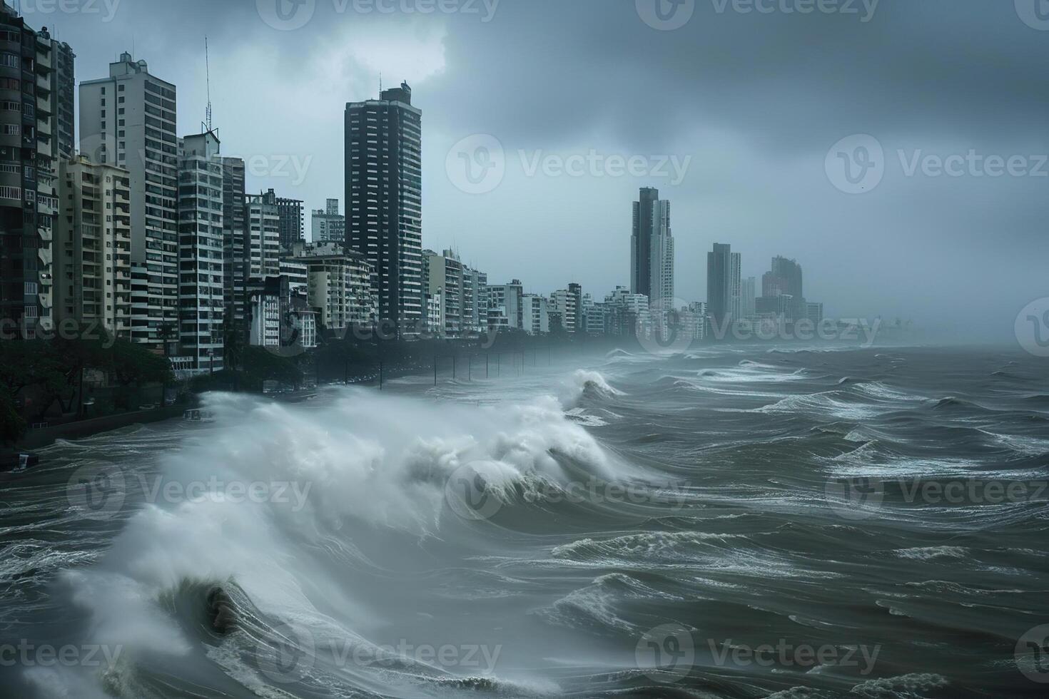 Scary tsunami with huge foamy wave, apocalyptic dramatic background photo