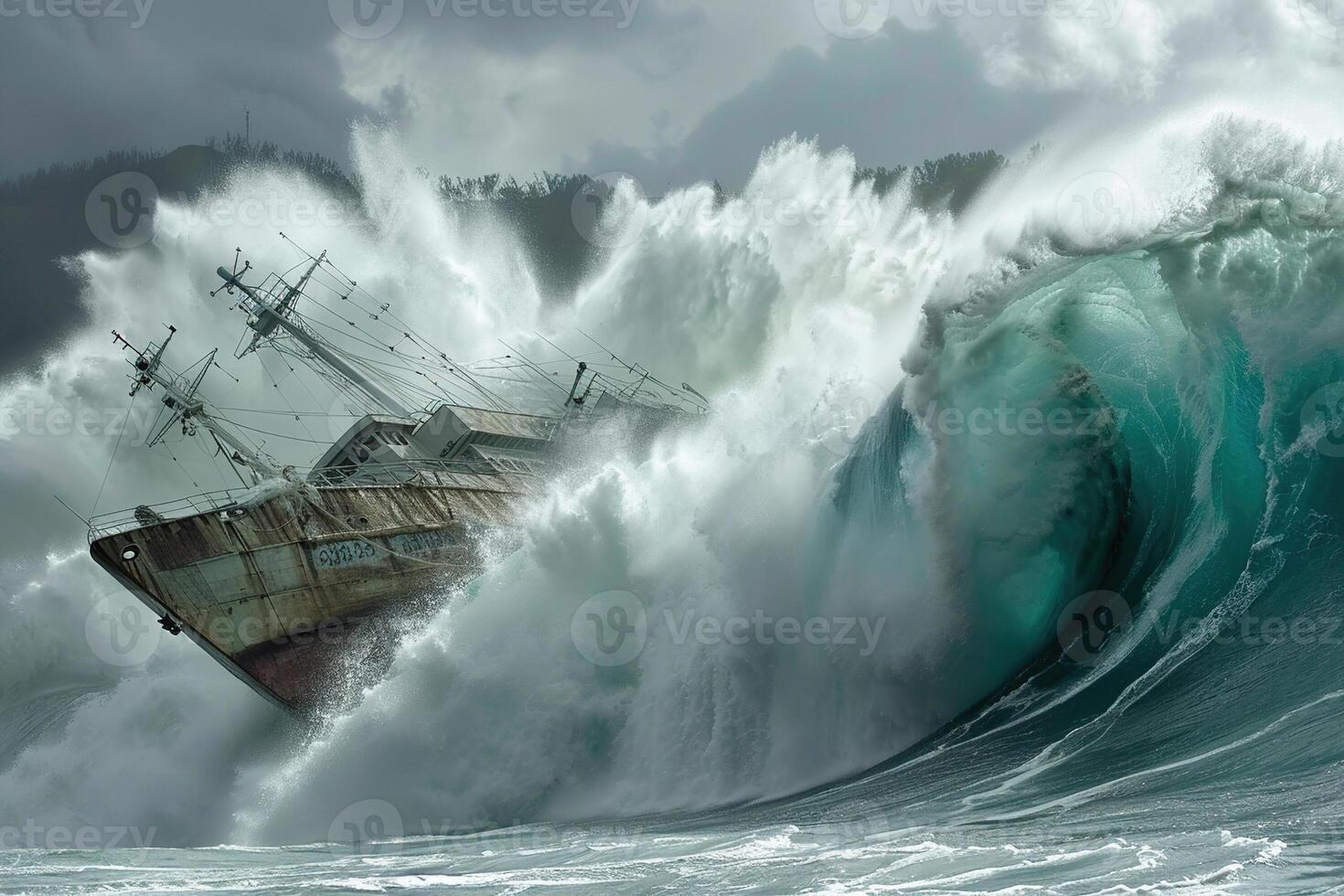 Scary tsunami with huge foamy wave, apocalyptic dramatic background photo