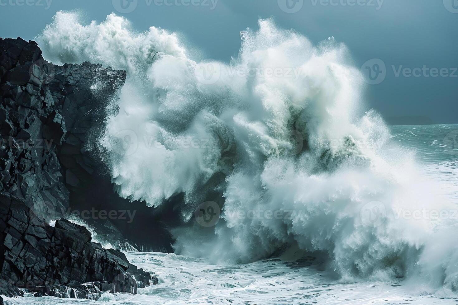 Scary tsunami with huge foamy wave, apocalyptic dramatic background photo