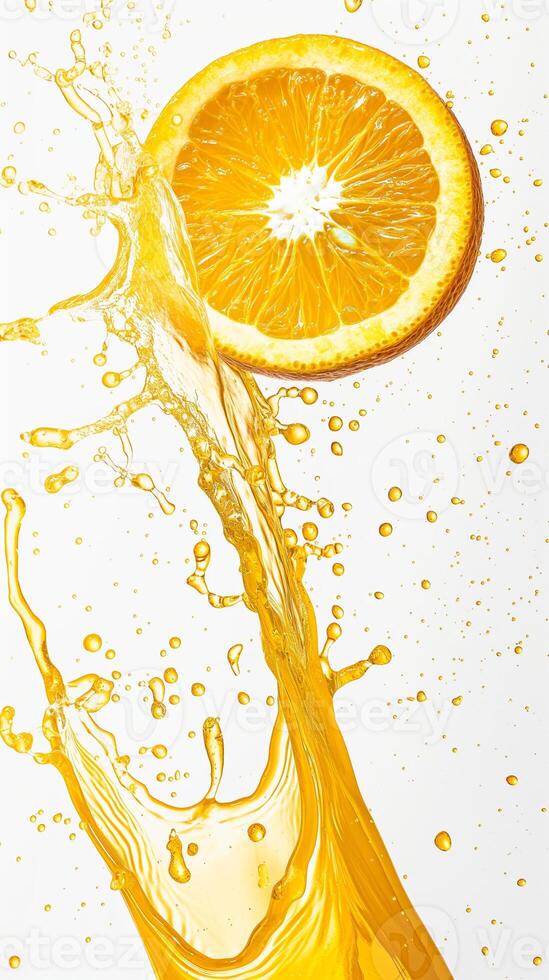 An artistic splash of orange juice with a single, perfect slice of orange frozen in mid-air, set against a stark white background for high contrast photo