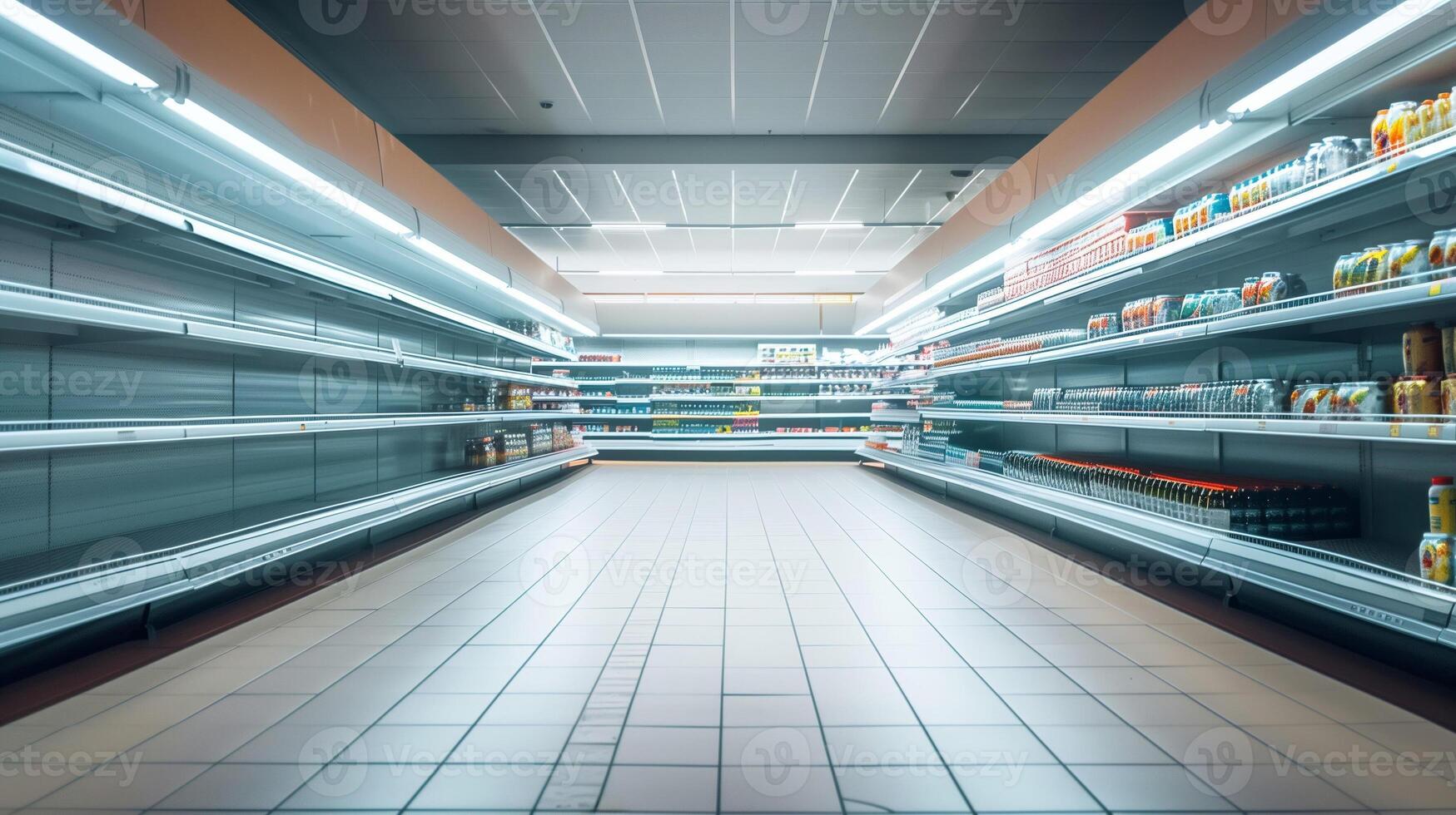 empty grocery shelves, panic buying concept, background with empty space for text photo