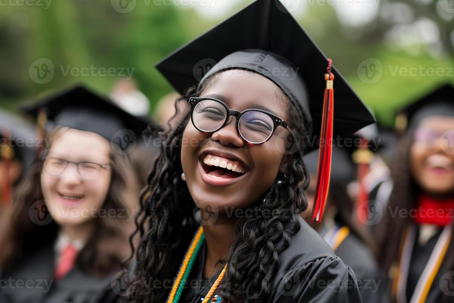 alegre joven negro mujer en gorra y vestido reír, con un multitud de graduados en el antecedentes foto