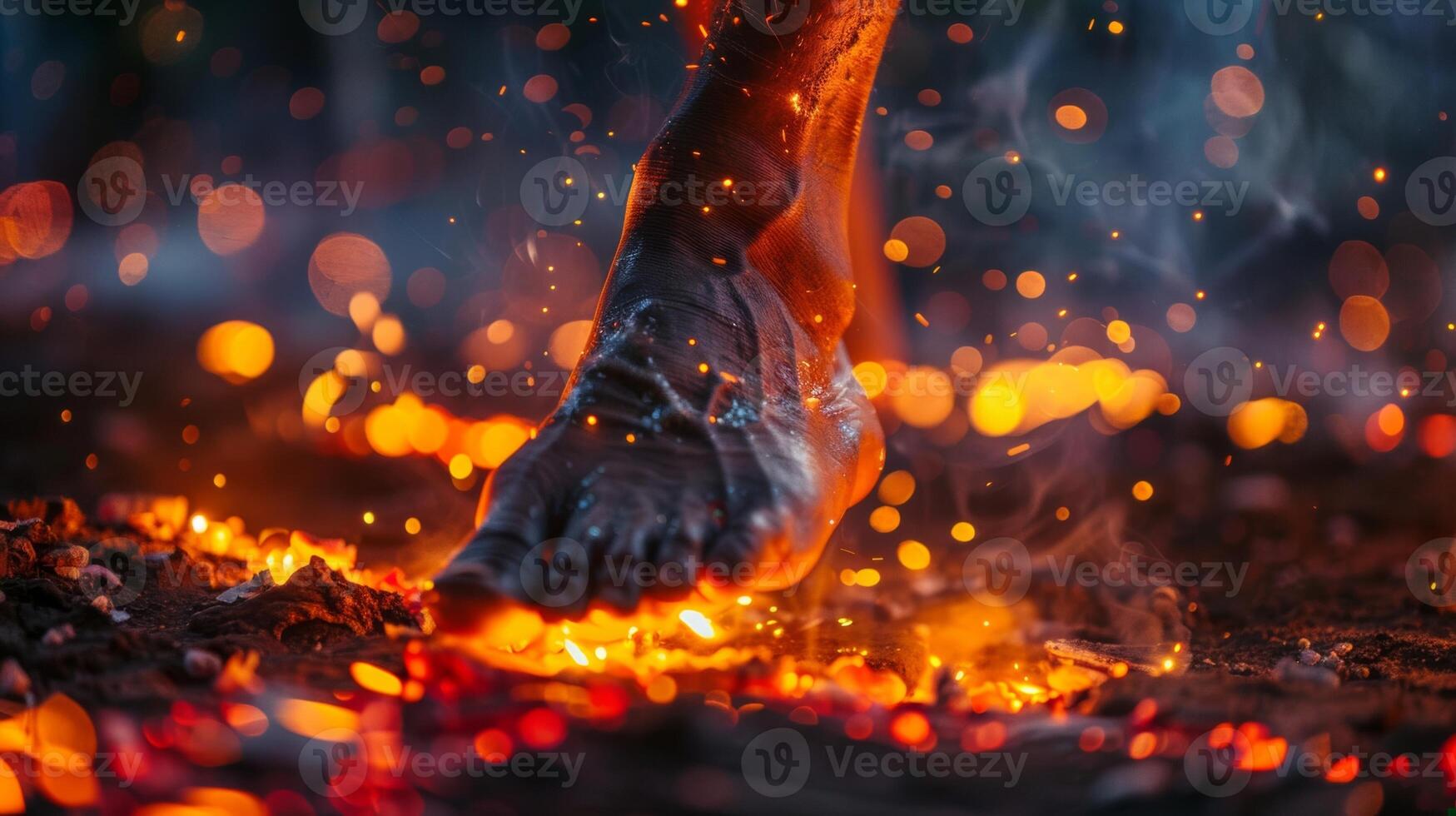 barefoot villager crosses glowing embers in ancient fire walking ritual, night illumination photo