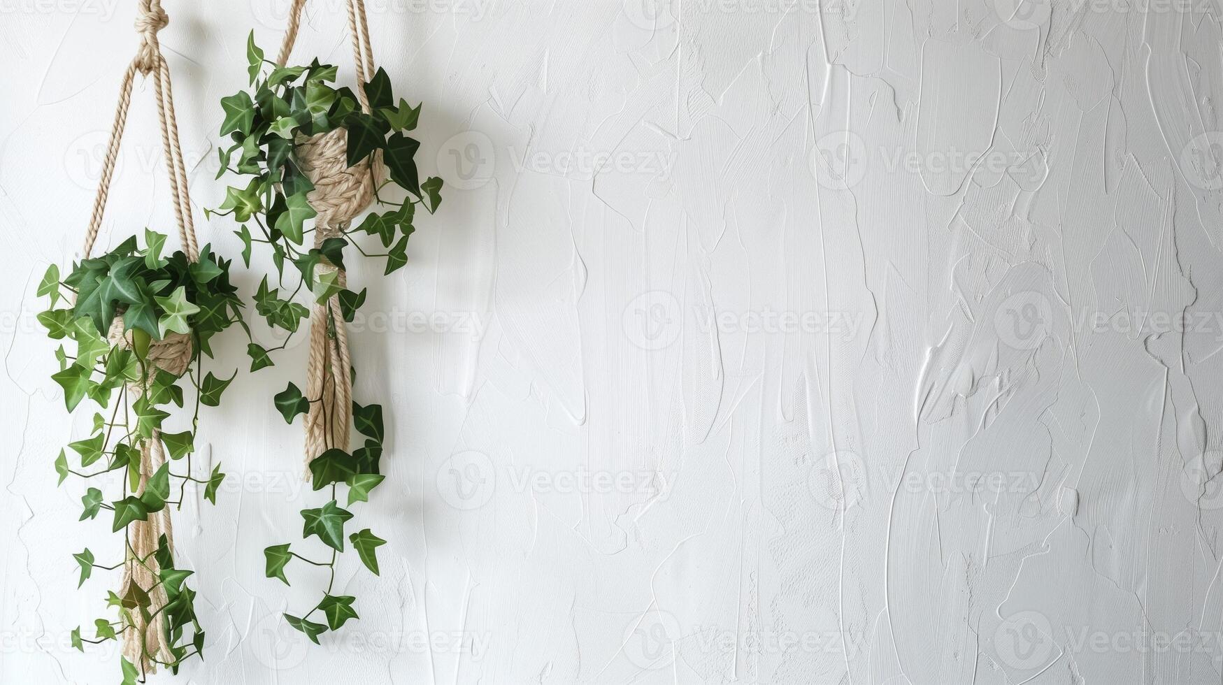 macrame plant hangers displaying green ivy, white wall background with empty space for text photo