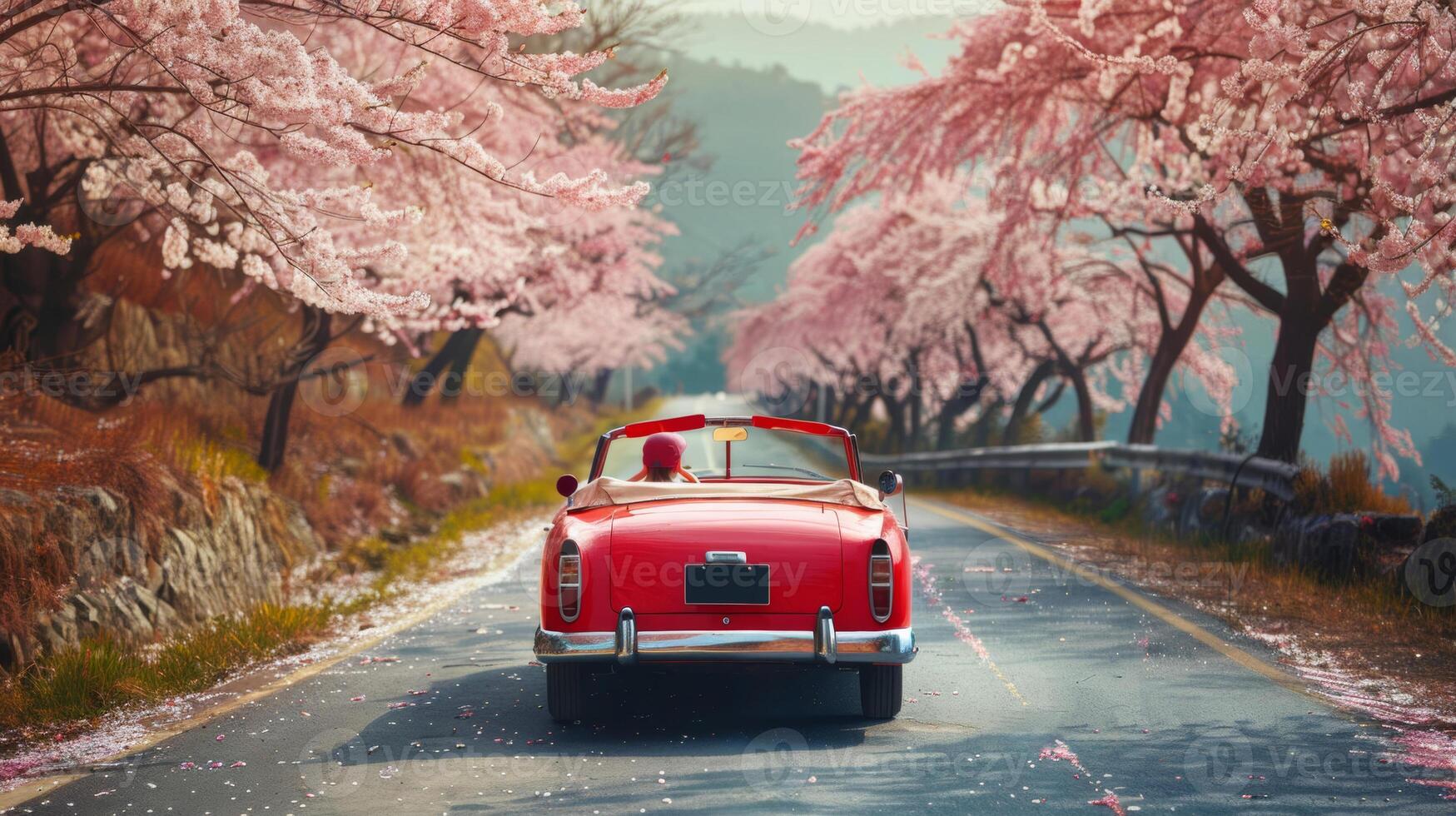classic convertible drives down open road, cherry blossoms fall like snow, freedom theme photo