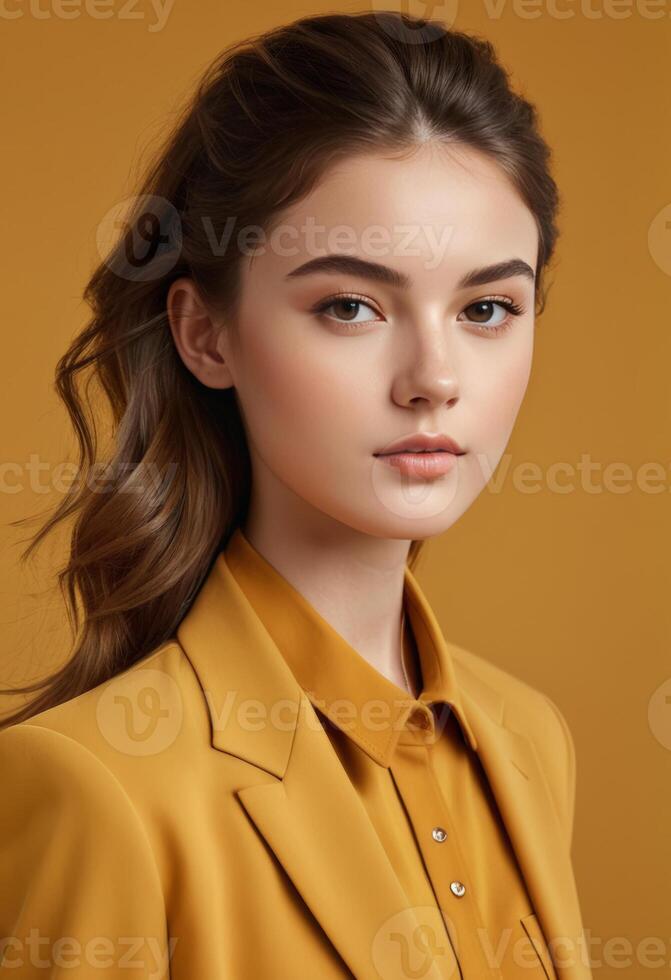 Elegant young woman with a subtle smile, wearing a stylish mustard blouse, posing on a matching background, ideal for fashion and beauty concepts photo