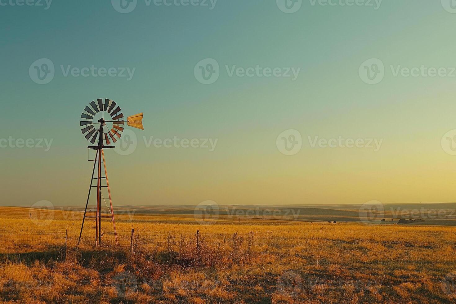 Windmill in a sun bleached field, stillness in the air after a day of relentless sun photo