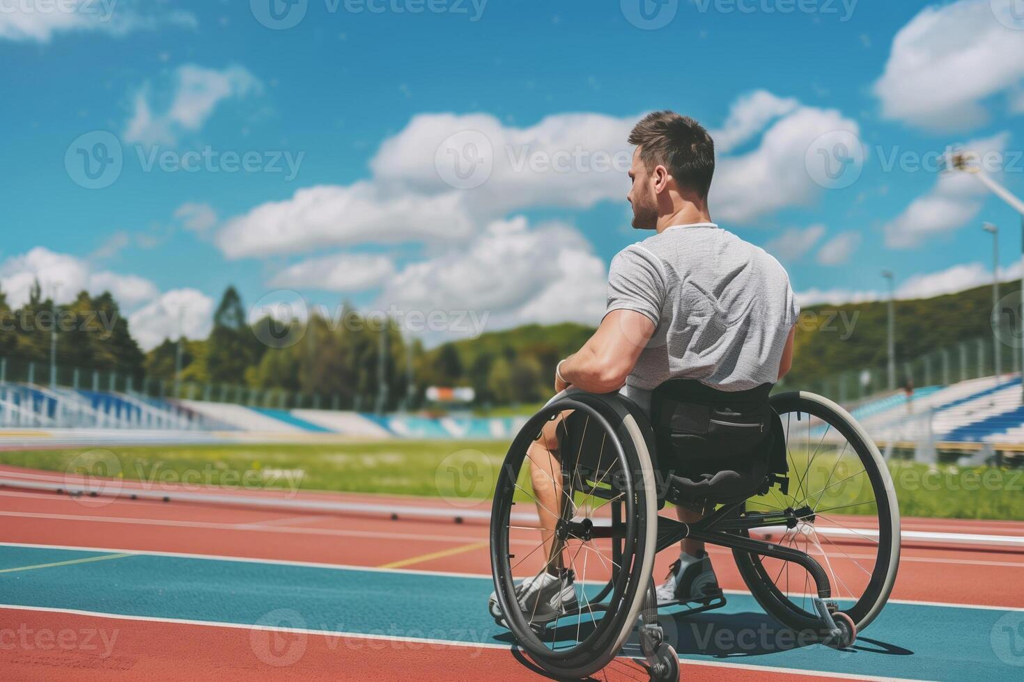 masculino atleta en silla de ruedas carreras rojo pista estadio en paraca atletismo competencia, verano Deportes juegos foto