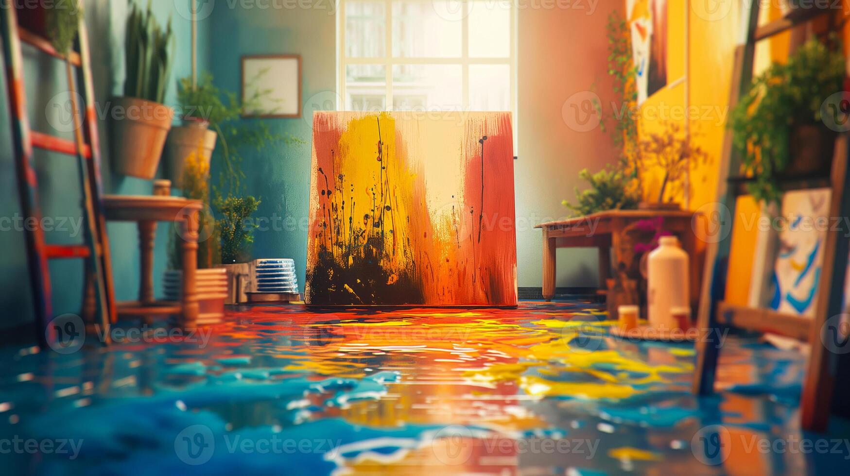 An artists studio where paintbrushes appear to paint colorful strokes in the air, creating a floating landscape painting with no canvas photo