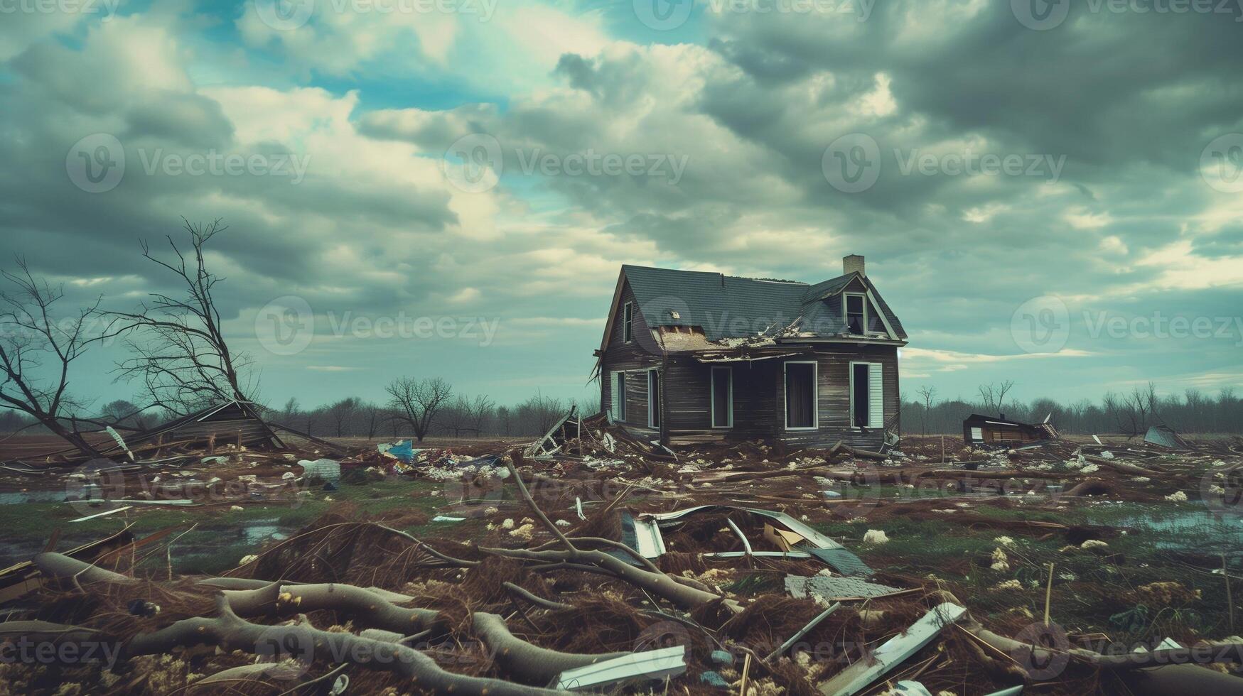 lone house standing after a devastating tornado, debris scattered around photo