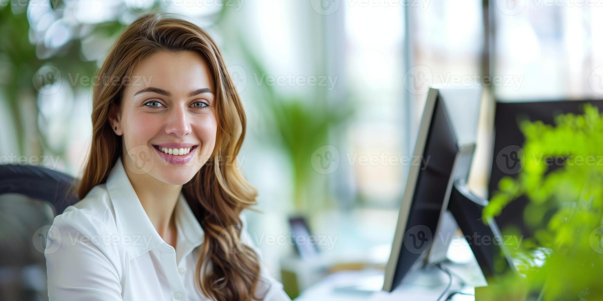 Happy business woman, office and accountant smile for career ambition, secretary or financial advisor Face portrait of female person in pride for accounting job, Helpdesk or success at the workplace photo