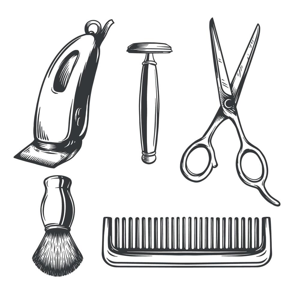 Barbershop tools element collection, monochrome illustration vector