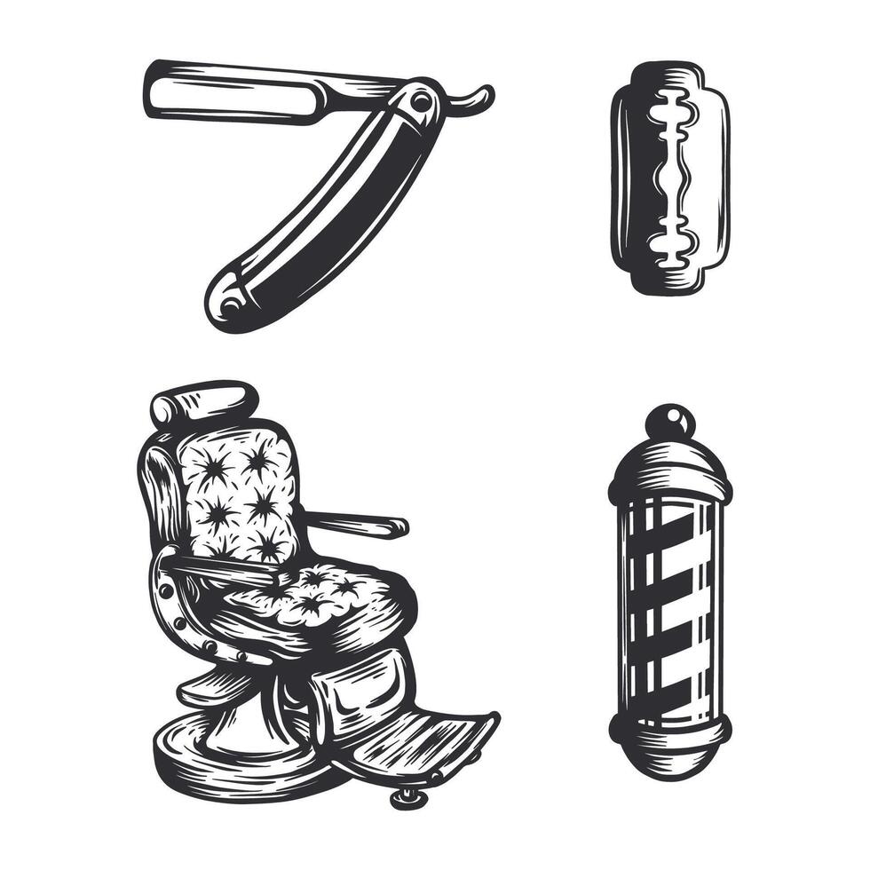 Barbershop tools element collection, monochrome illustration vector