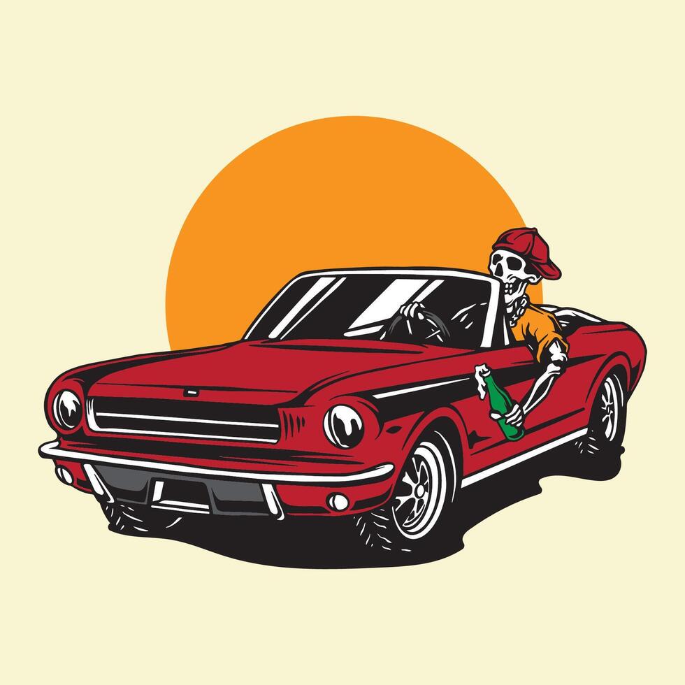 Vintage car with skeleton holding beer vector