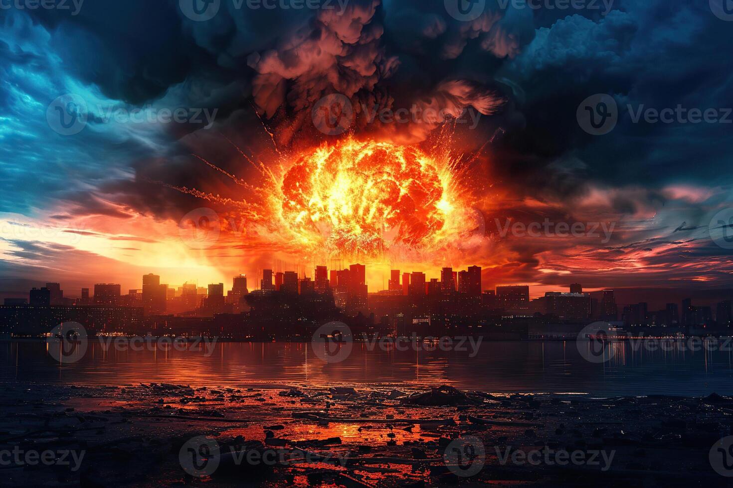 Scary nuclear explosion in outdoor, mushroom cloud of nuclear weapons photo