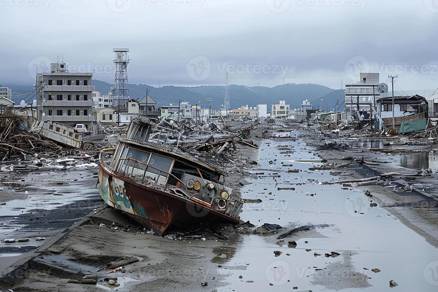 ciudad destruido calle inundado después masivo inundaciones y natural grande lluvias foto