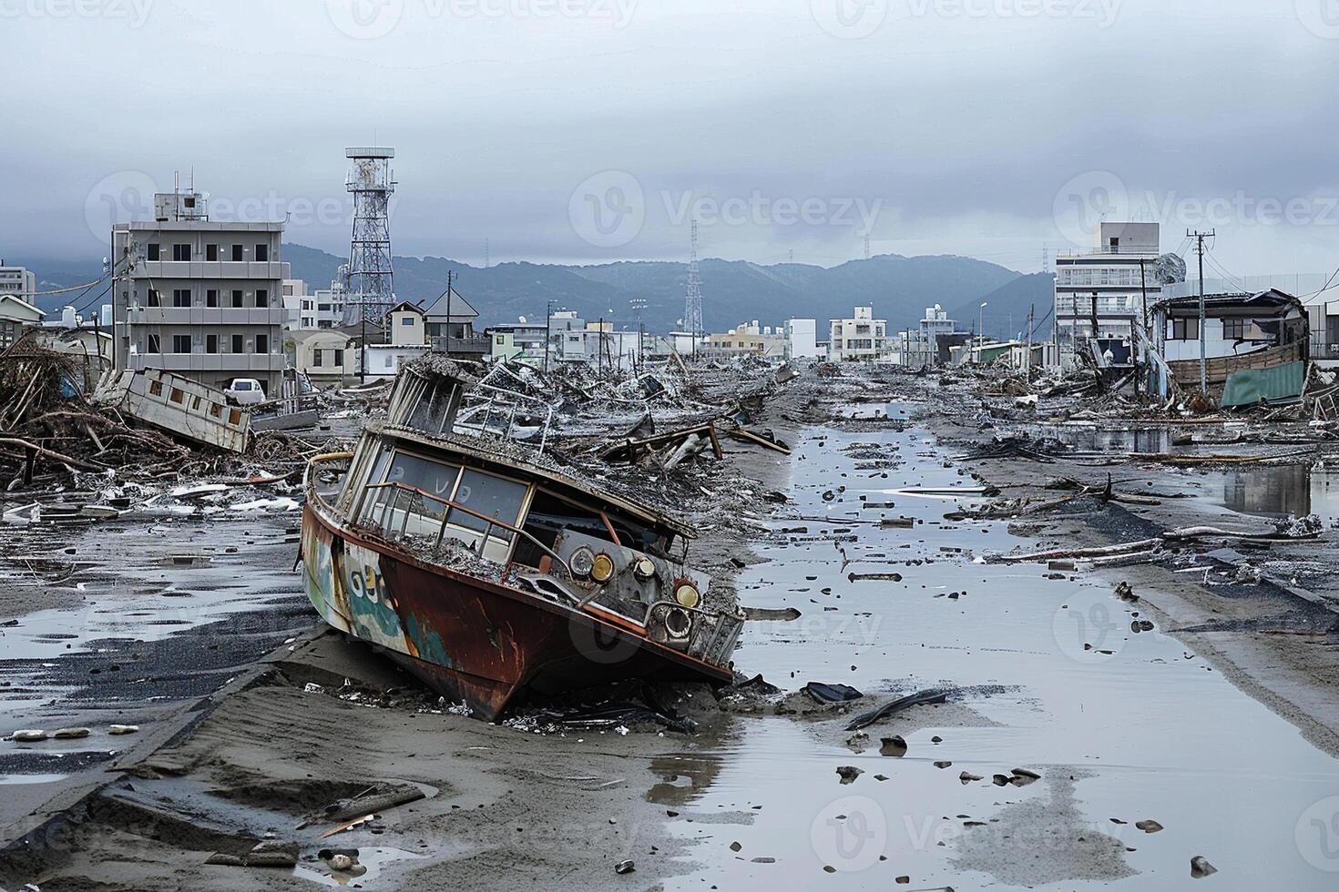 City destroyed street flooded after massive floods and natural big rains photo