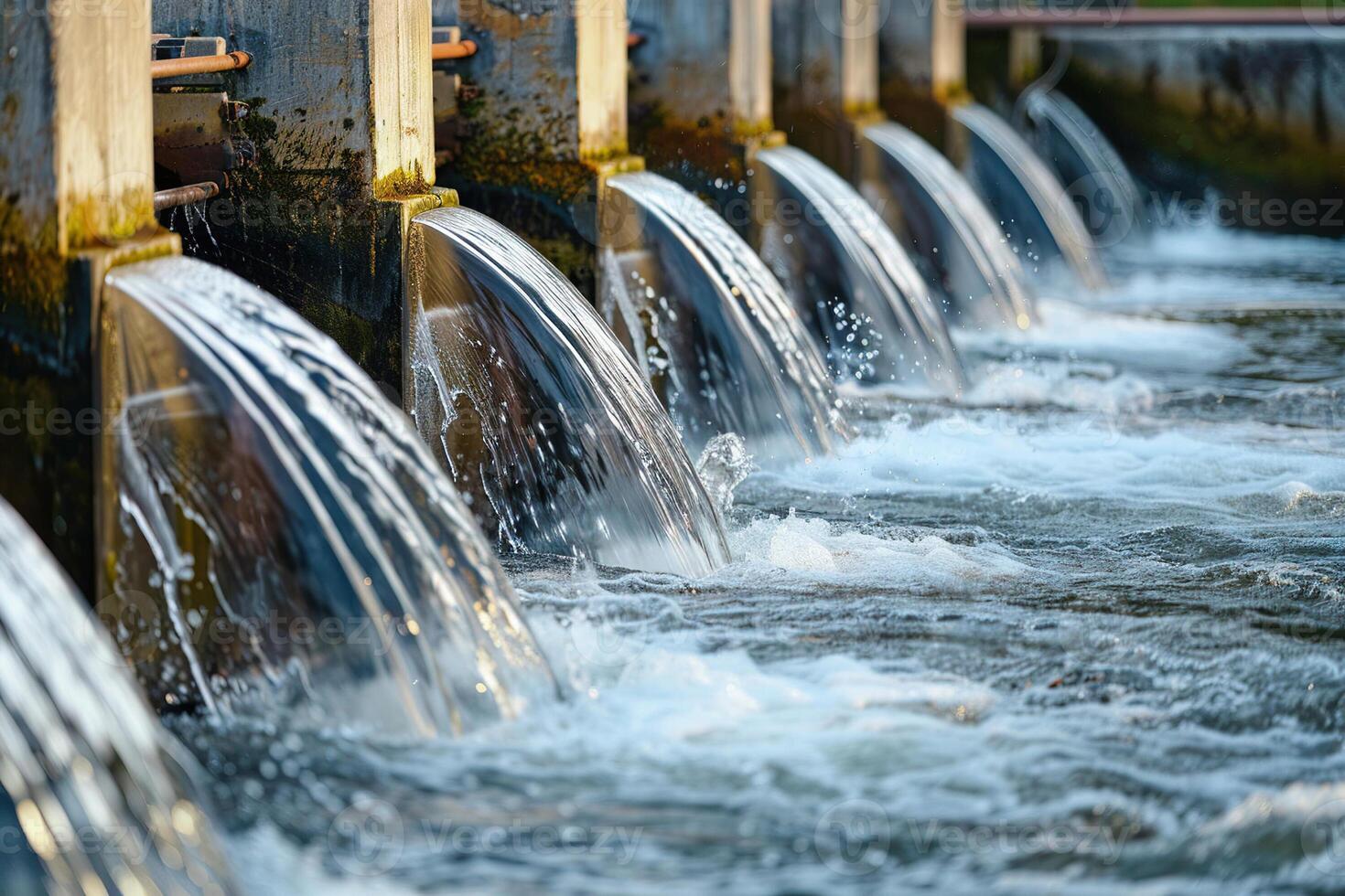 Hydroelectric power energy plant with large turbines and water spills photo