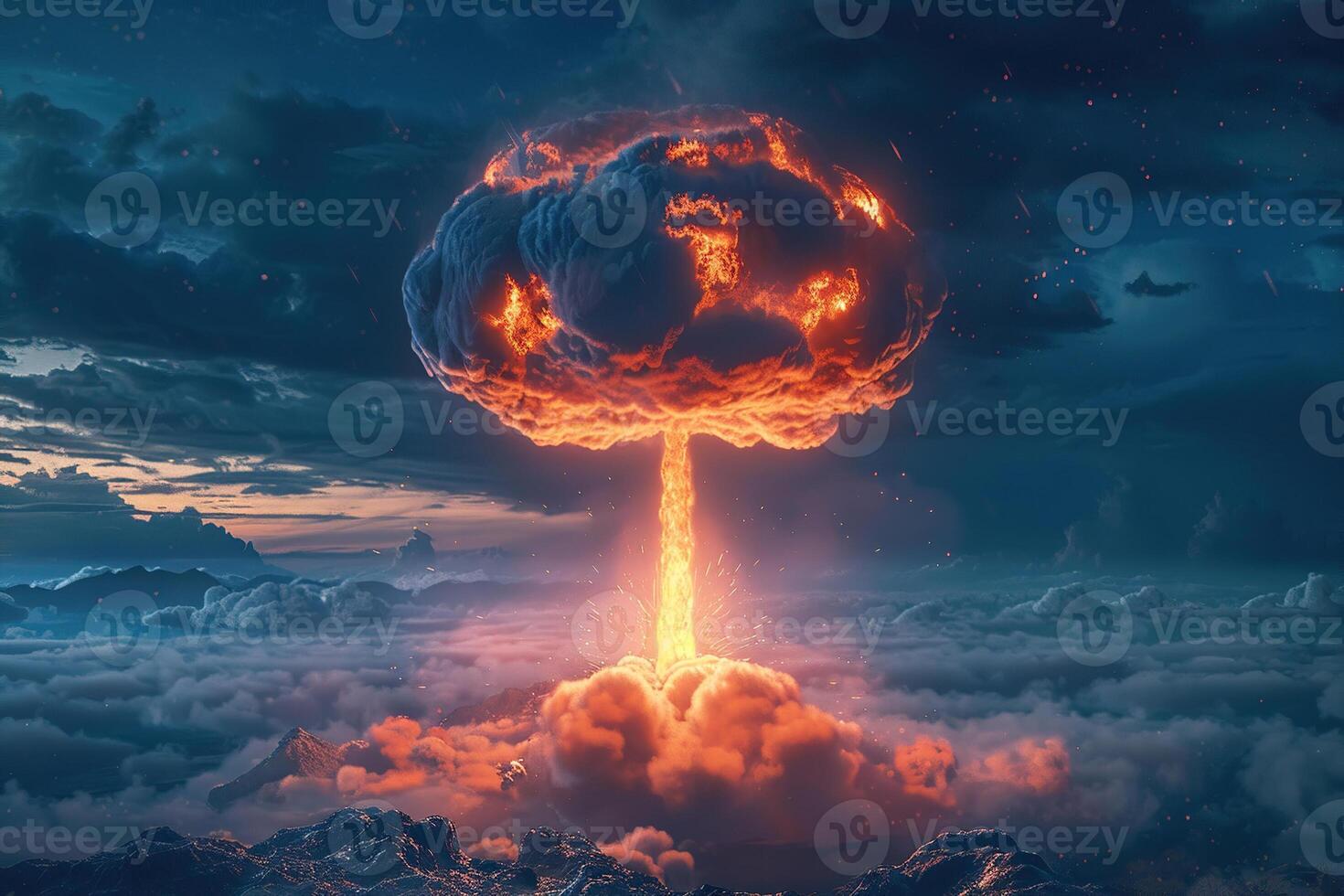 Scary nuclear explosion in outdoor, mushroom cloud of nuclear weapons photo