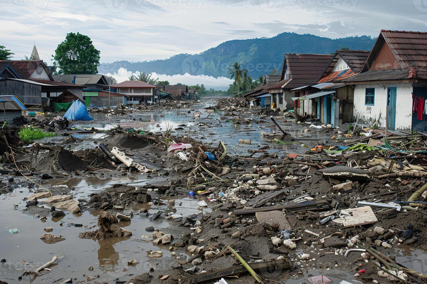 City destroyed street flooded after massive floods and natural big rains photo