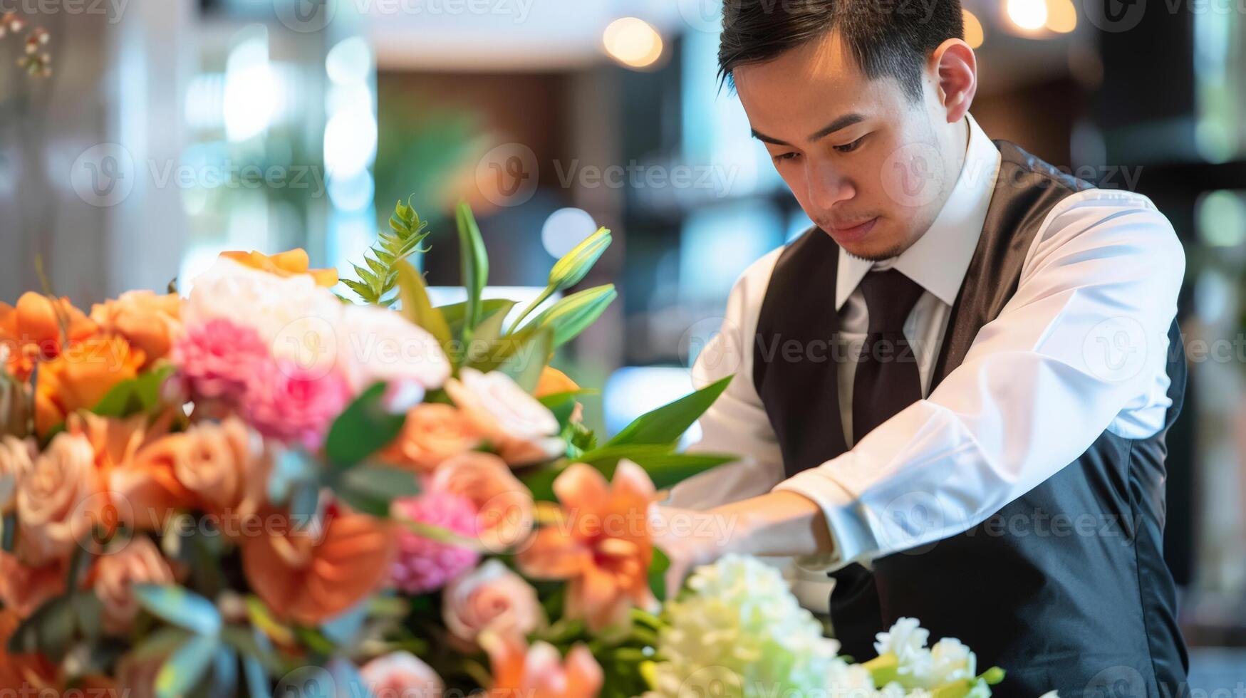Focused florist of Asian ethnicity arranging a vibrant bouquet, perfect for Mothers Day, weddings, or springtime celebrations photo