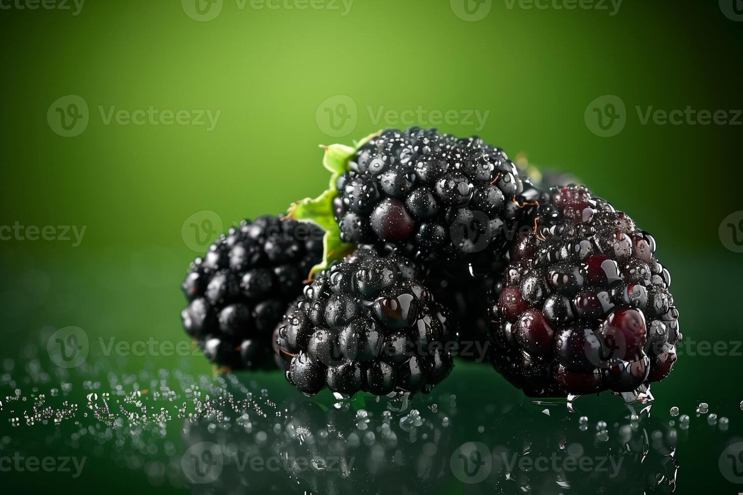 cluster of dewy blackberries isolated on a dark green gradient background photo