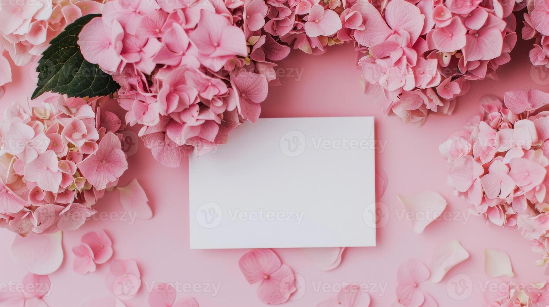 mockup of a white card beside pink hydrangea bouquet, soft pastel tones photo