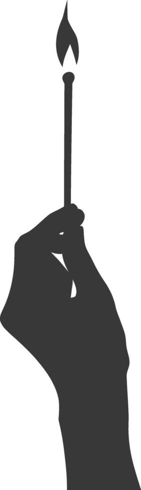 Silhouette hand holding burning match black color only vector