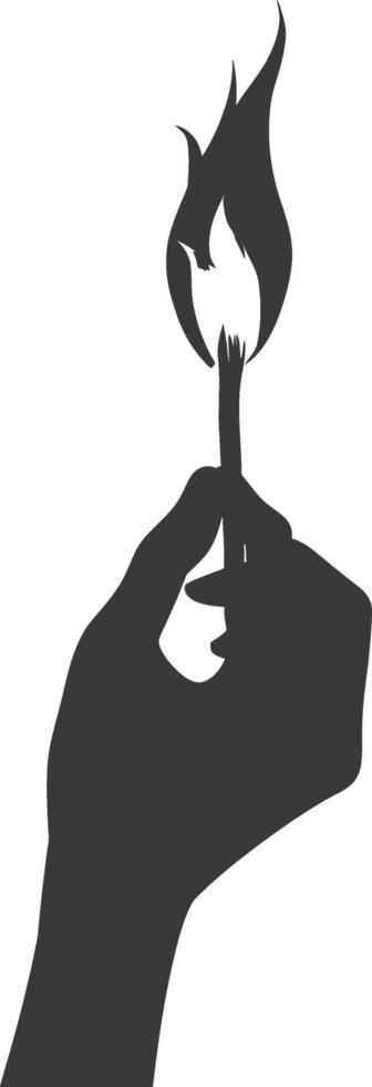 Silhouette hand holding burning match black color only vector