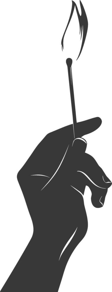 Silhouette hand holding burning match black color only vector