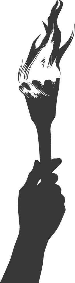 Silhouette hand holding burning torch black color only vector