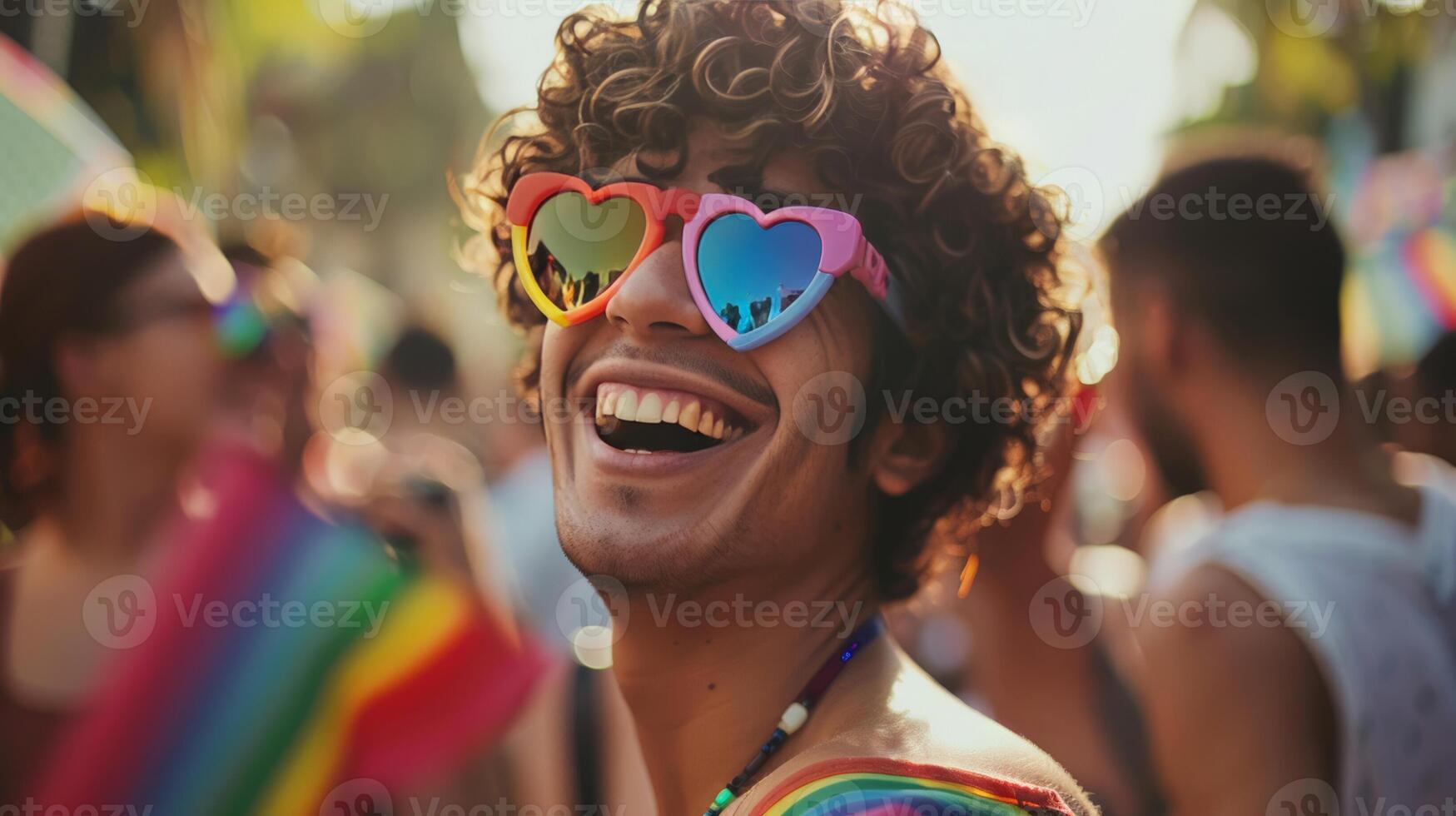 Joyful person with curly hair wearing heart shaped rainbow sunglasses celebrates at a Pride parade, symbolizing LGBT rights and diversity photo