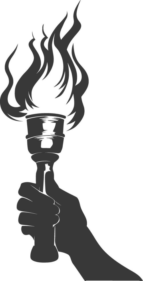 Silhouette hand holding burning torch black color only vector