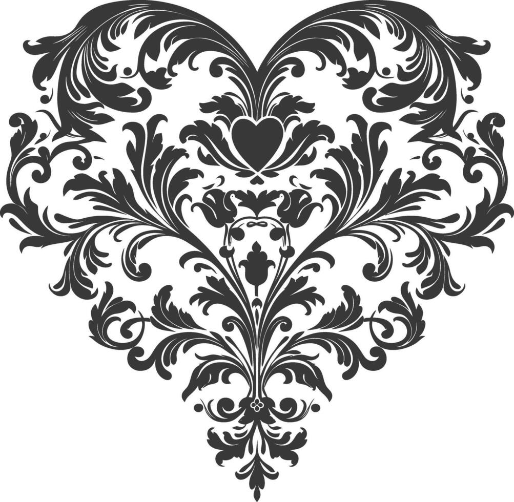 Silhouette Hearth shape Baroque ornament with filigree floral element black color only vector