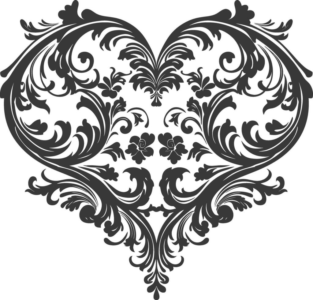 Silhouette Hearth shape Baroque ornament with filigree floral element black color only vector