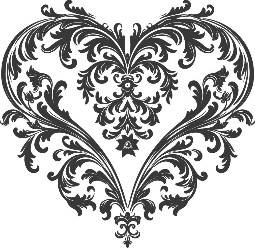 Silhouette Hearth shape Baroque ornament with filigree floral element black color only vector