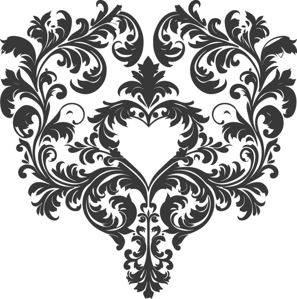 Silhouette Hearth shape Baroque ornament with filigree floral element black color only vector