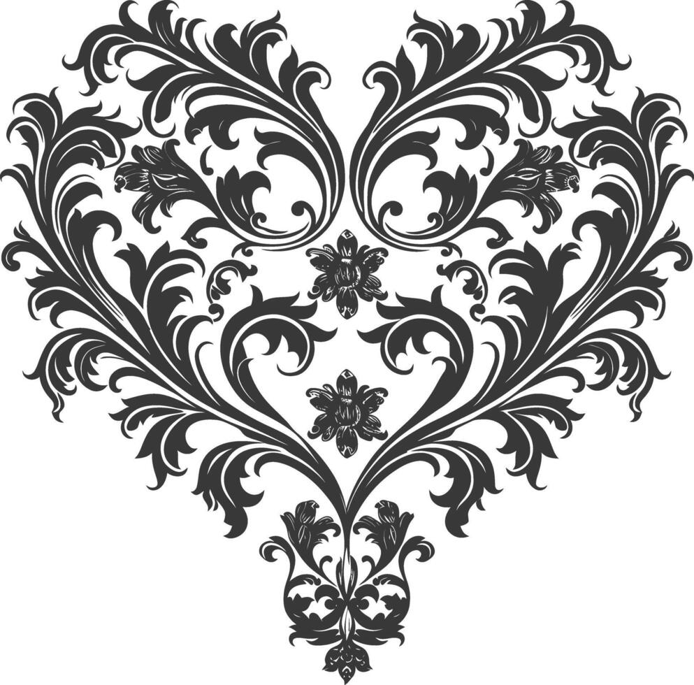 Silhouette Hearth shape Baroque ornament with filigree floral element black color only vector