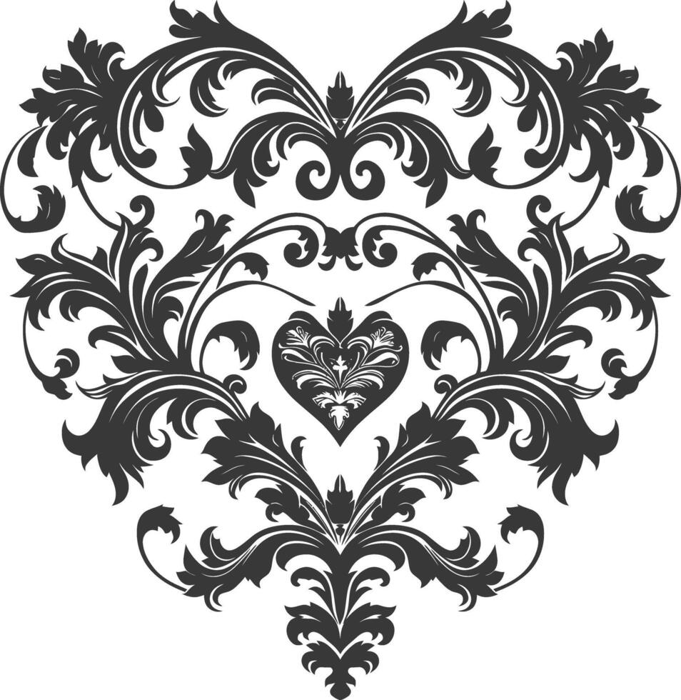 Silhouette Hearth shape Baroque ornament with filigree floral element black color only vector