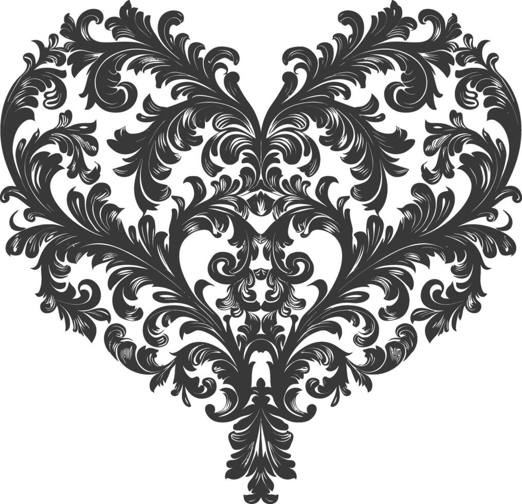 Silhouette Hearth shape Baroque ornament with filigree floral element black color only vector