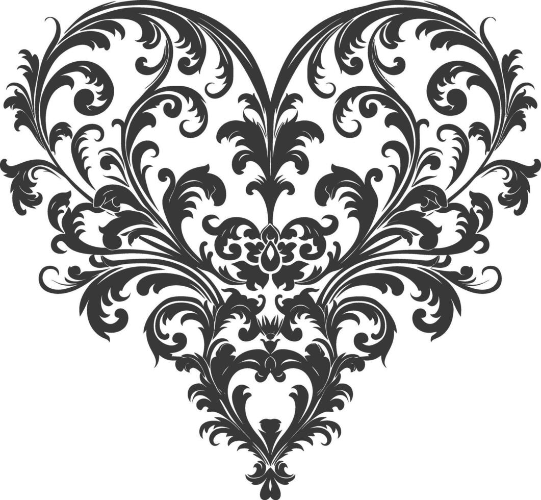 Silhouette Hearth shape Baroque ornament with filigree floral element black color only vector