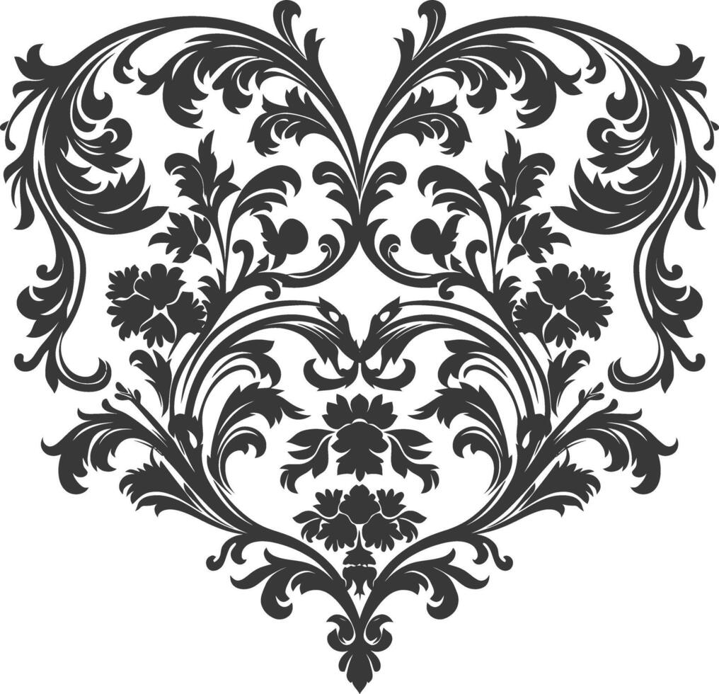 Silhouette Hearth shape Baroque ornament with filigree floral element black color only vector