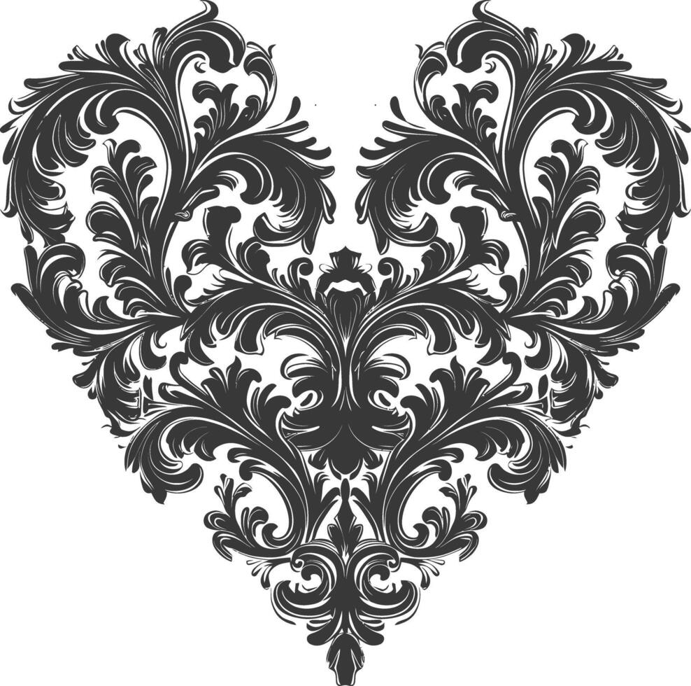 Silhouette Hearth shape Baroque ornament with filigree floral element black color only vector