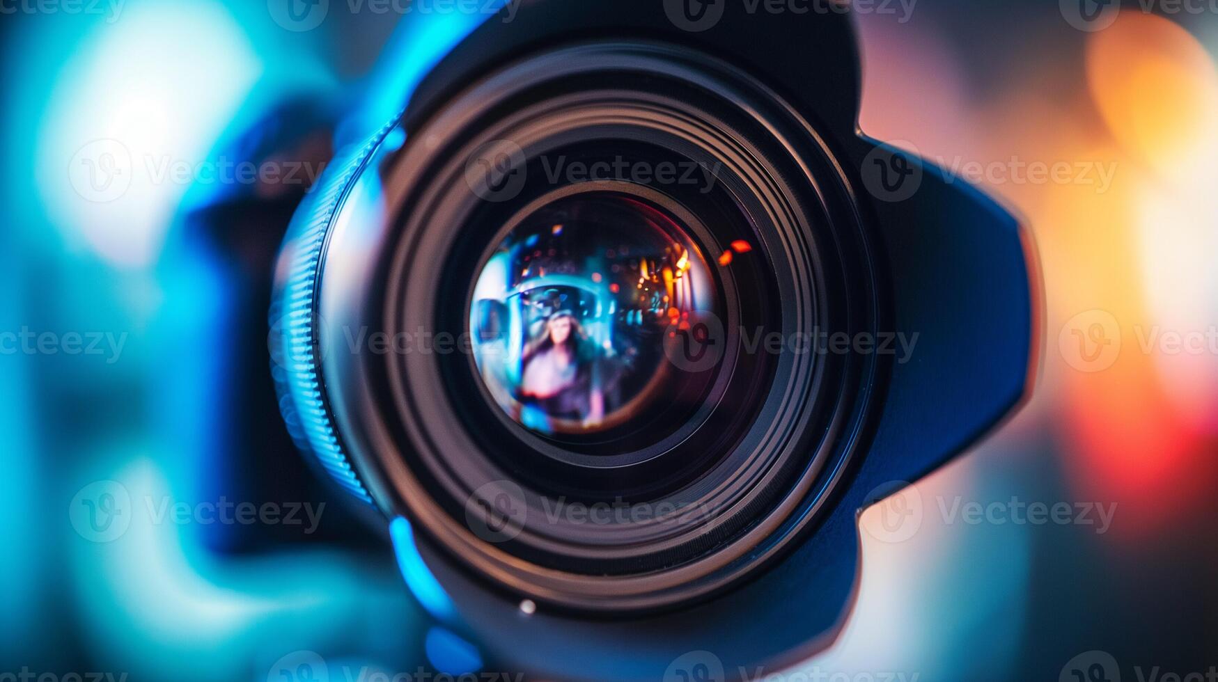 Close up of a camera lens with colorful bokeh lights reflecting, suitable for concepts related to photography, technology, and Visual Arts Day photo