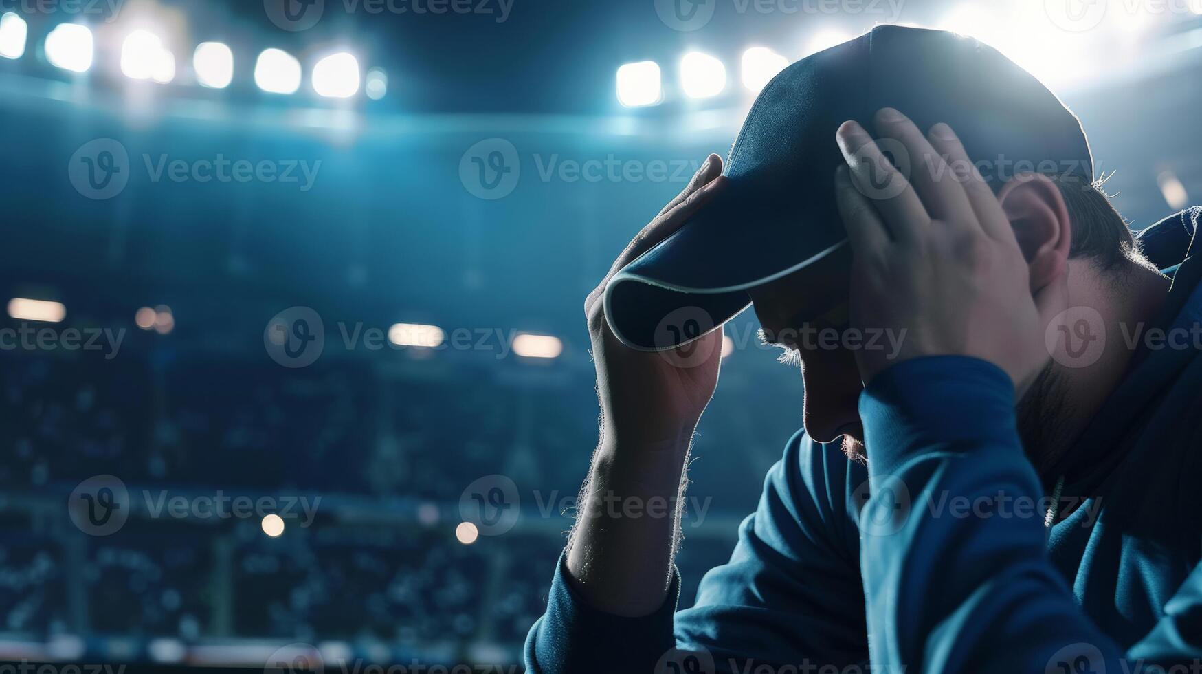 Upset sports fan in a cap holding his head in disappointment at a nighttime stadium event, depicting concepts of loss and sports culture photo