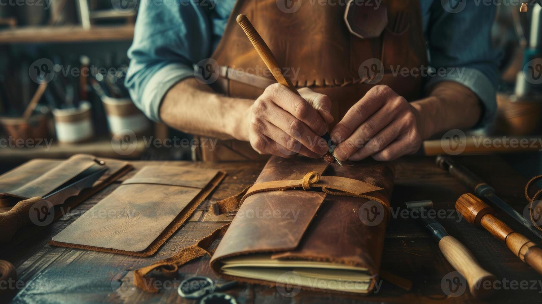 artisan creating handmade leather journals, close up of tools on a rustic workshop table photo